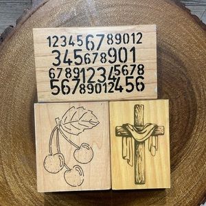 Lot Of 3 Random Rubber & Wood Stamp CROSS-CHERRIES-NUMBERS